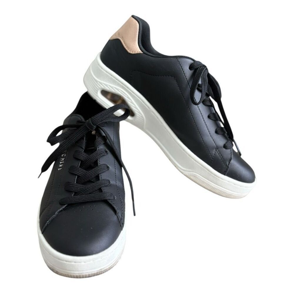 Sketchers Uno Court Courted Air Sneakers Size 8.5 Black Leather with Gold trim